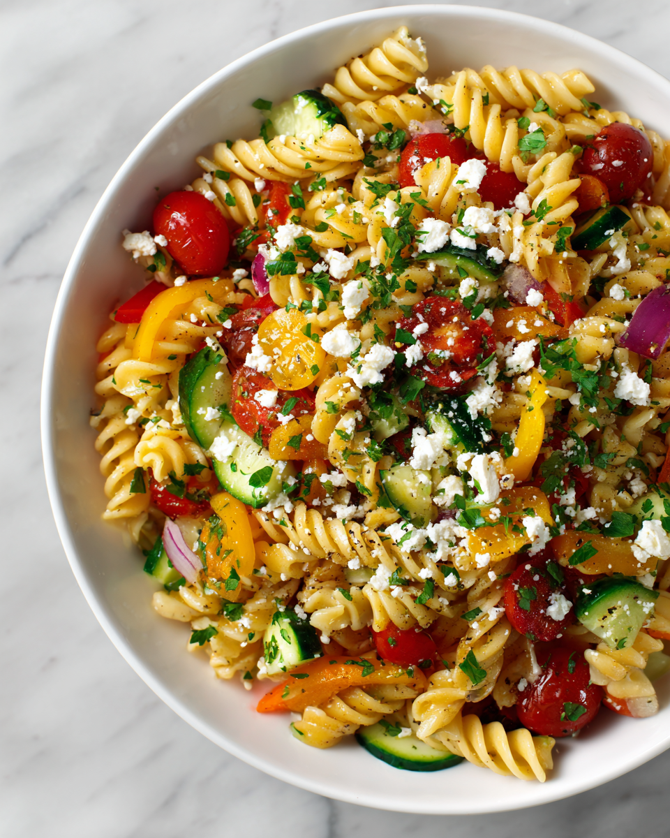 Ensalada fresca de pasta con vegetales, ideal para verano.