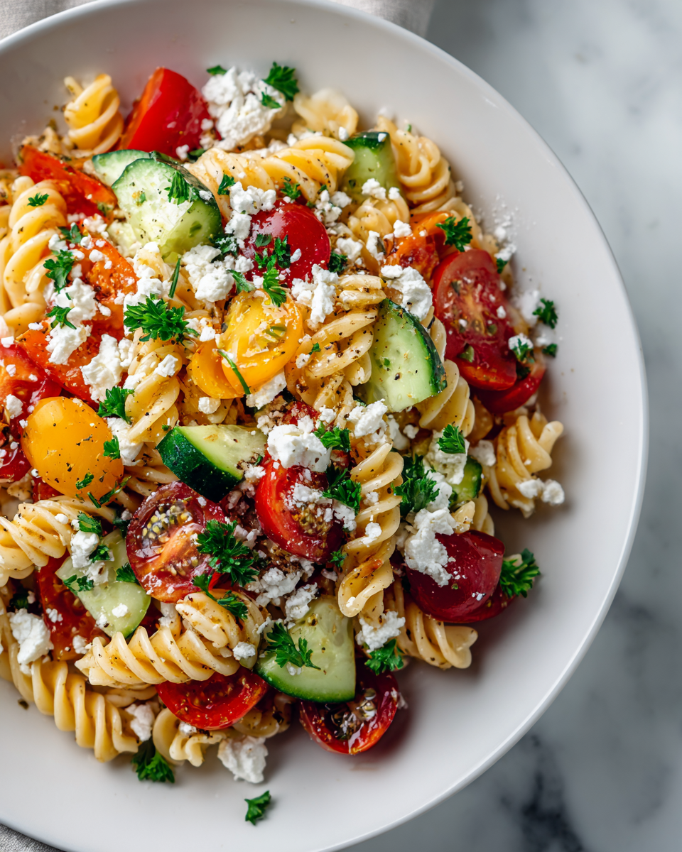 Ensalada fresca de pasta con vegetales, ideal para verano.