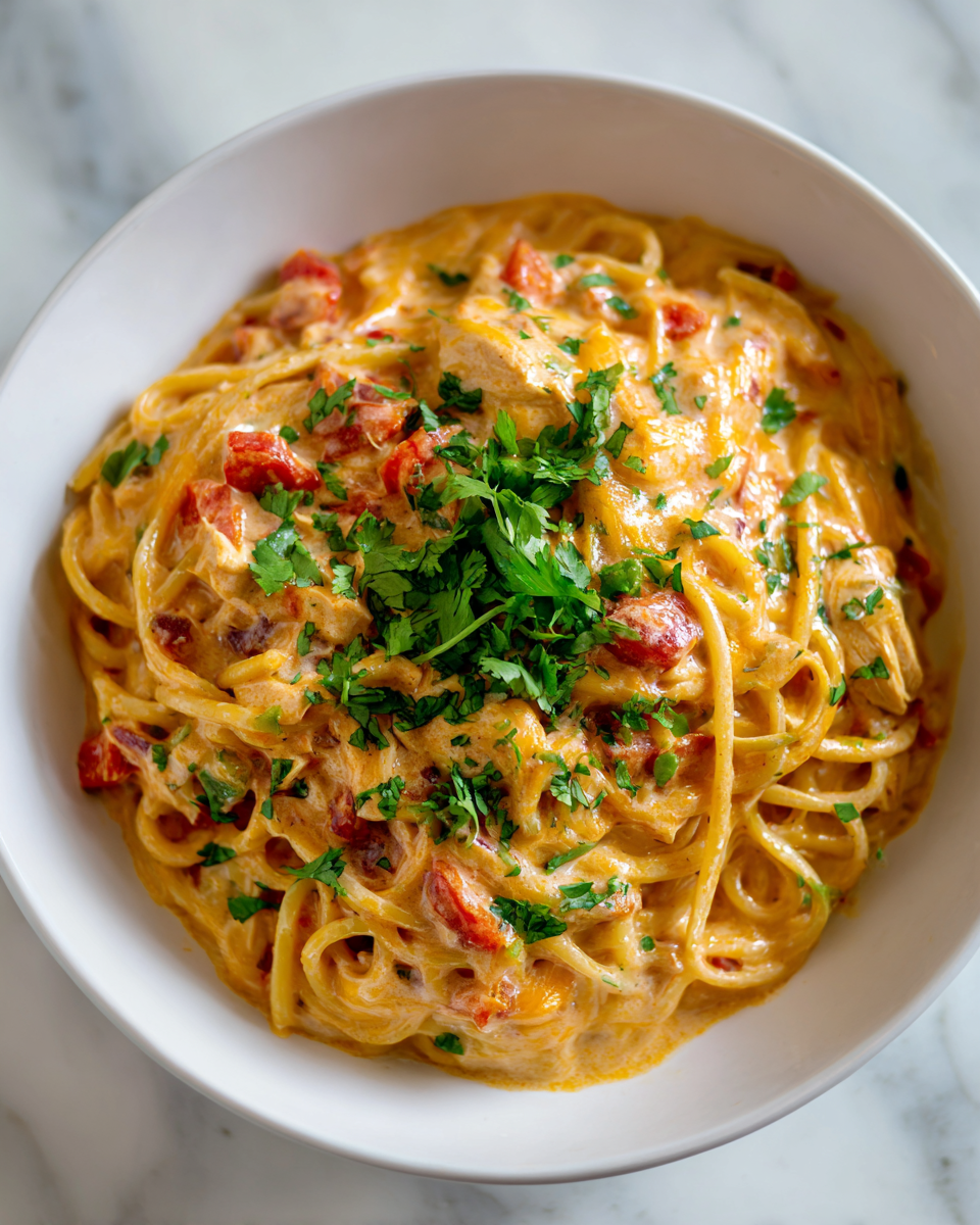 Espagueti con Pollo Rotel: Cena Rápida y Deliciosa Espagueti con Pollo Rotel, un plato rápido y delicioso ideal para cenas familiares.