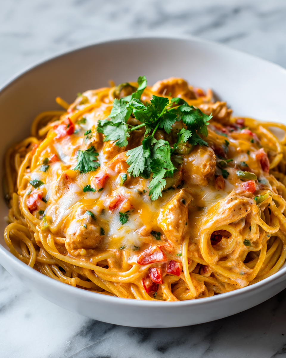 Espagueti con Pollo Rotel: Cena Rápida y Deliciosa Espagueti con Pollo Rotel, un plato rápido y delicioso ideal para cenas familiares.