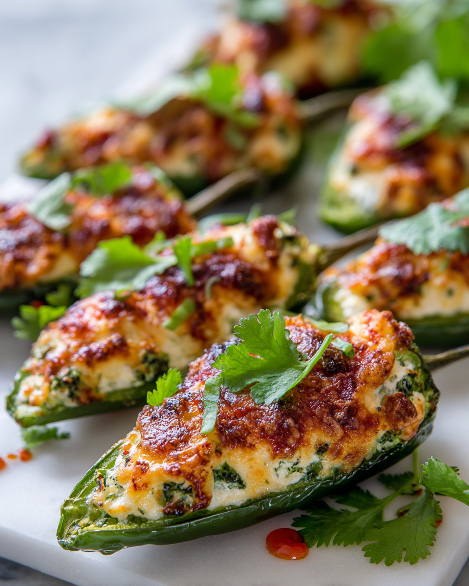Jalapeños rellenos horneados, cremosos y picantes, perfectos para compartir en reuniones familiares.