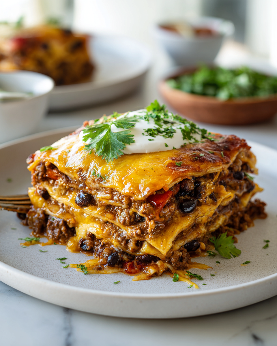 Deliciosa lasaña de tacos para impresionar Lasaña de tacos con capas de carne, frijoles y queso, ideal para reuniones familiares o fiestas.