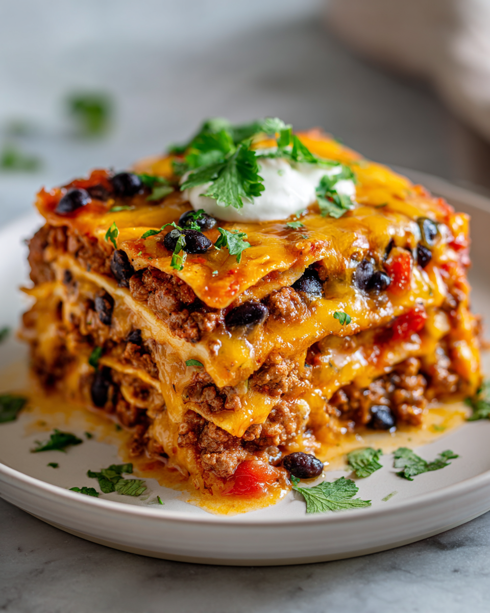 Deliciosa lasaña de tacos para impresionar Lasaña de tacos con capas de carne, frijoles y queso, ideal para reuniones familiares o fiestas.