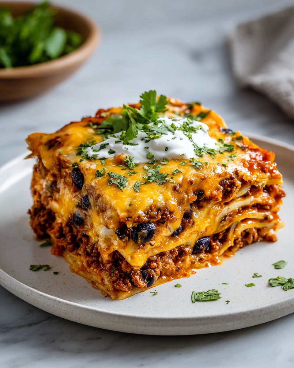 Deliciosa lasaña de tacos para impresionar Lasaña de tacos con capas de carne, frijoles y queso, ideal para reuniones familiares o fiestas.