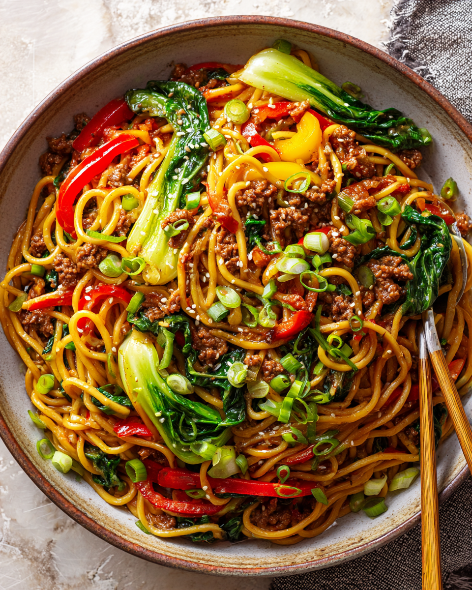 Delicioso Lo Mein de Carne Molida Receta de Lo Mein de Carne Molida fácil y rápida, ideal para cenas familiares, con sabores ricos y saludables.