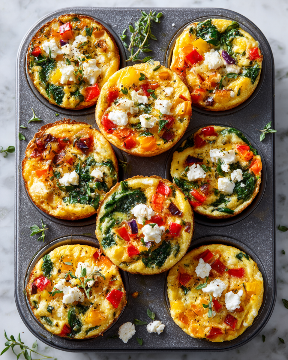 Omelets salados en muffin tin con verduras frescas y queso feta, perfectos para desayuno o tapas.
