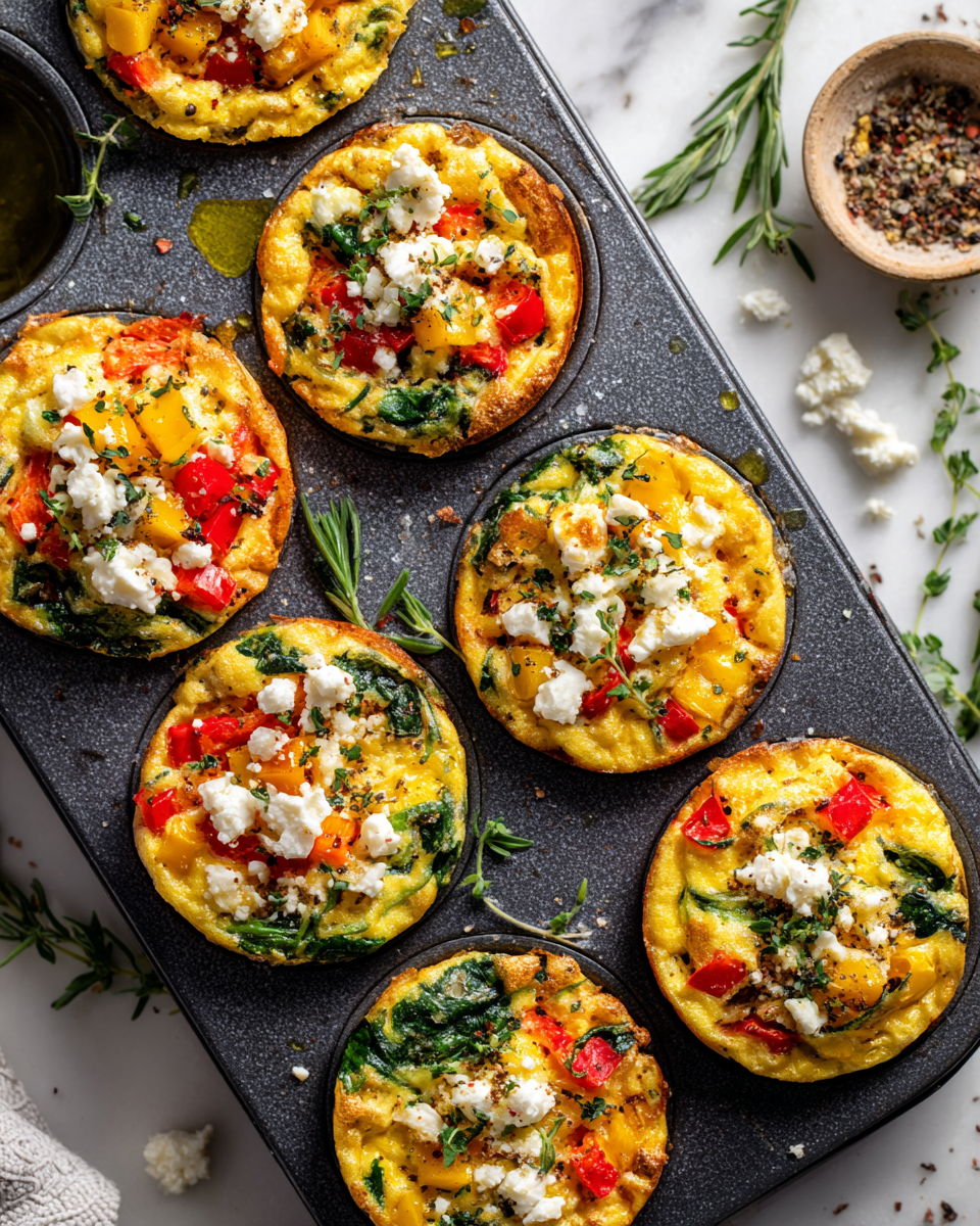 Omelets salados en muffin tin con verduras frescas y queso feta, perfectos para desayuno o tapas.
