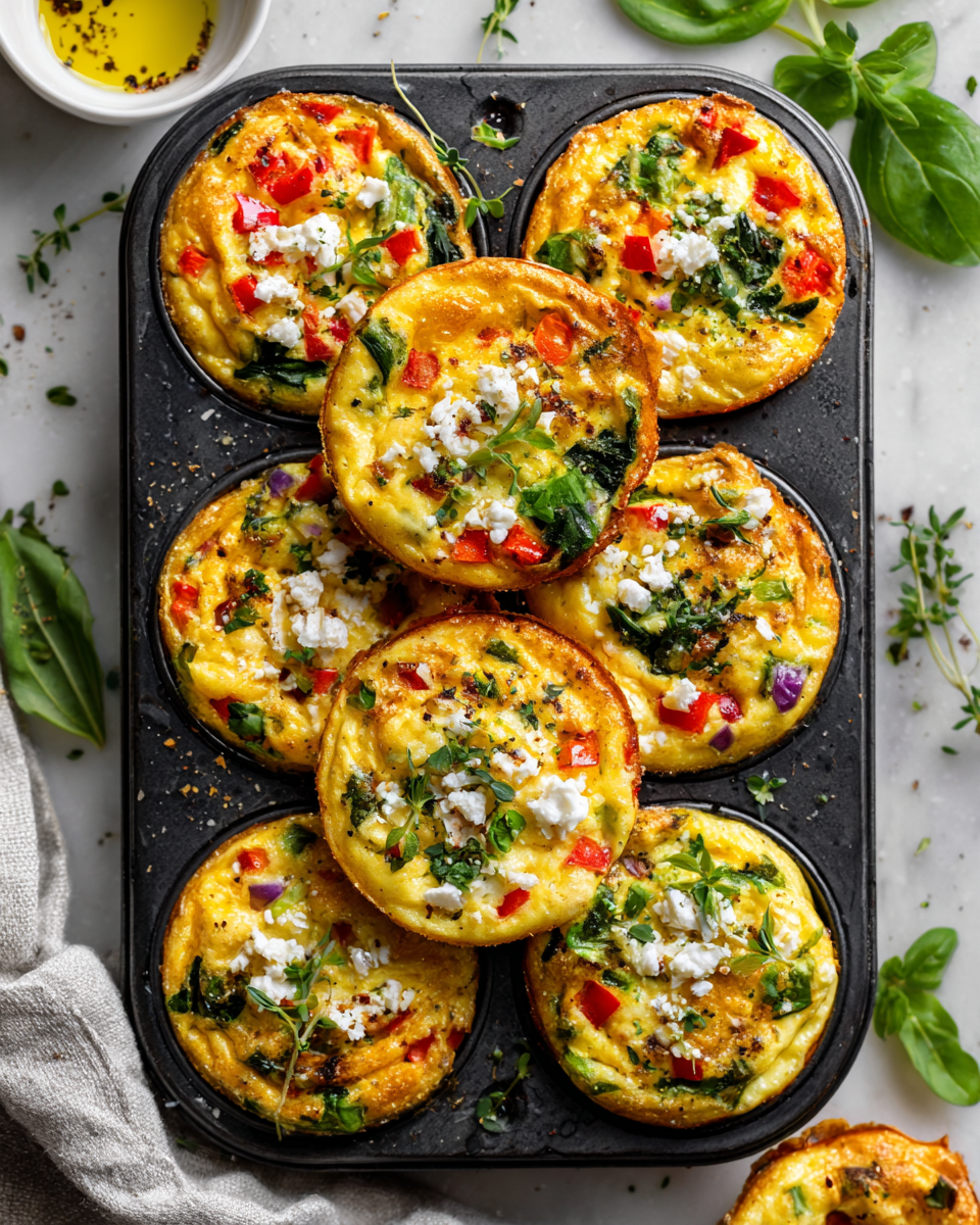 Omelets salados en muffin tin con verduras frescas y queso feta, perfectos para desayuno o tapas.