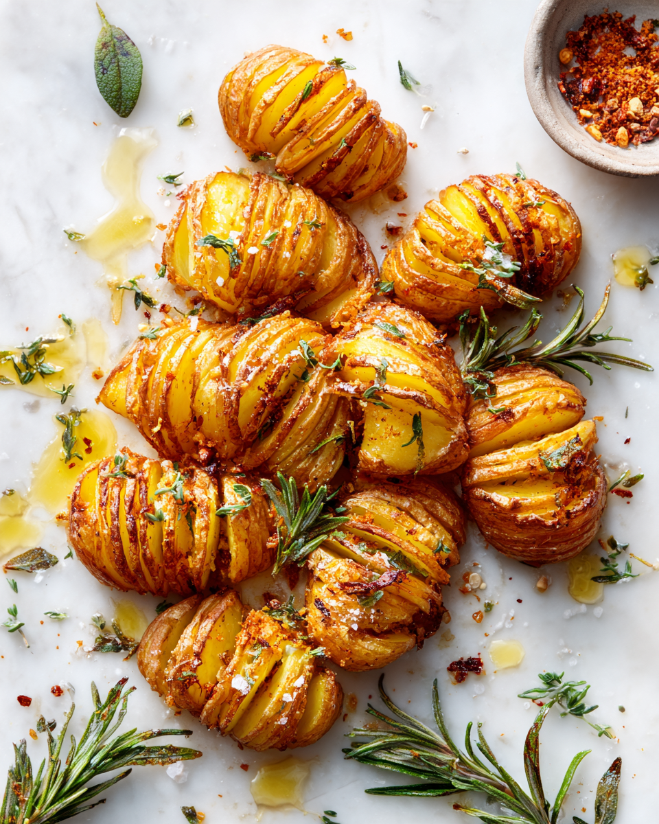 Papas Acordeón crujientes y deliciosas, perfectas para acompañar cualquier comida de otoño en España, servidas recién sacadas del horno.