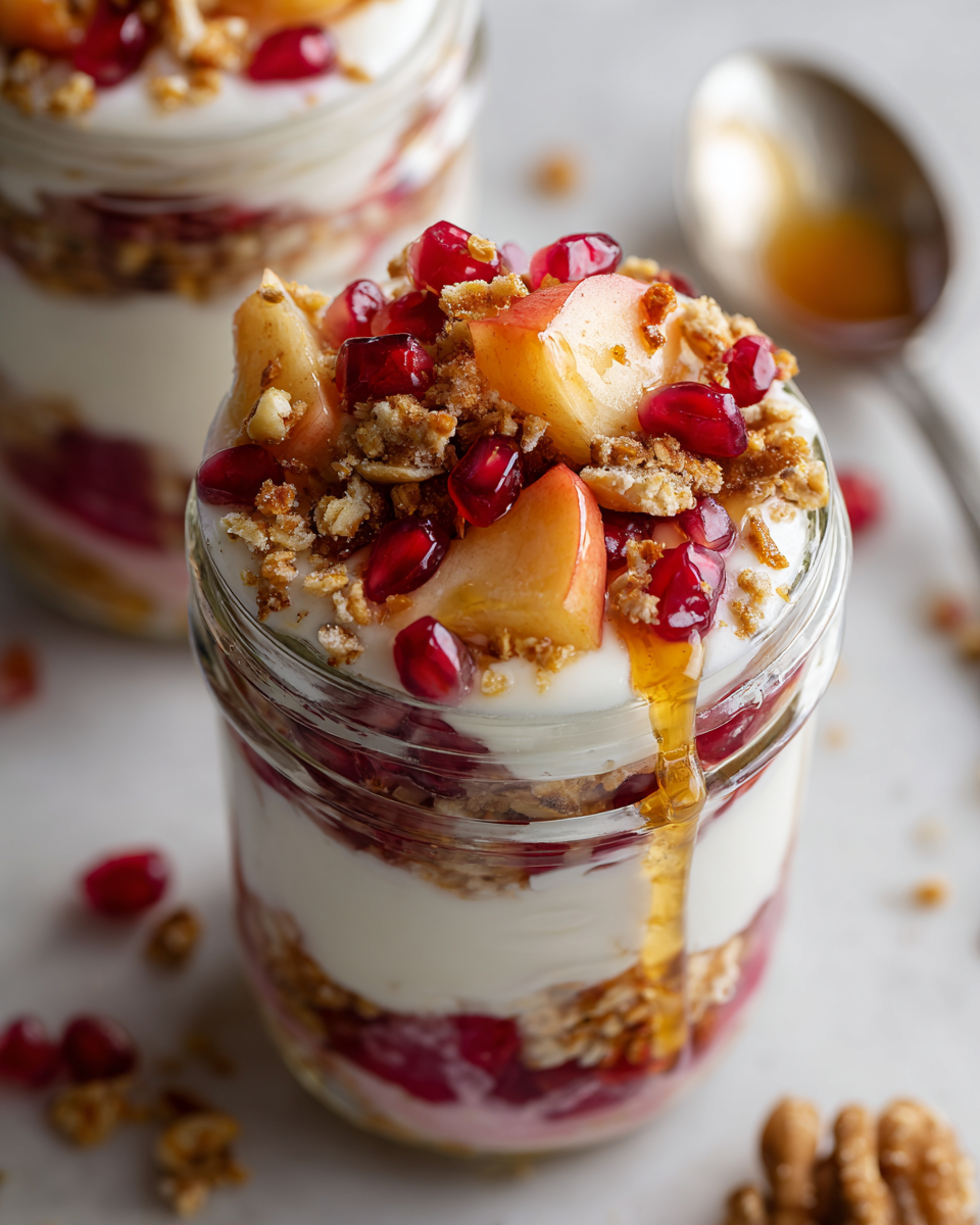 Parfaits de desayuno en tarro con yogur griego, granola crujiente y frutas frescas en colores vibrantes.