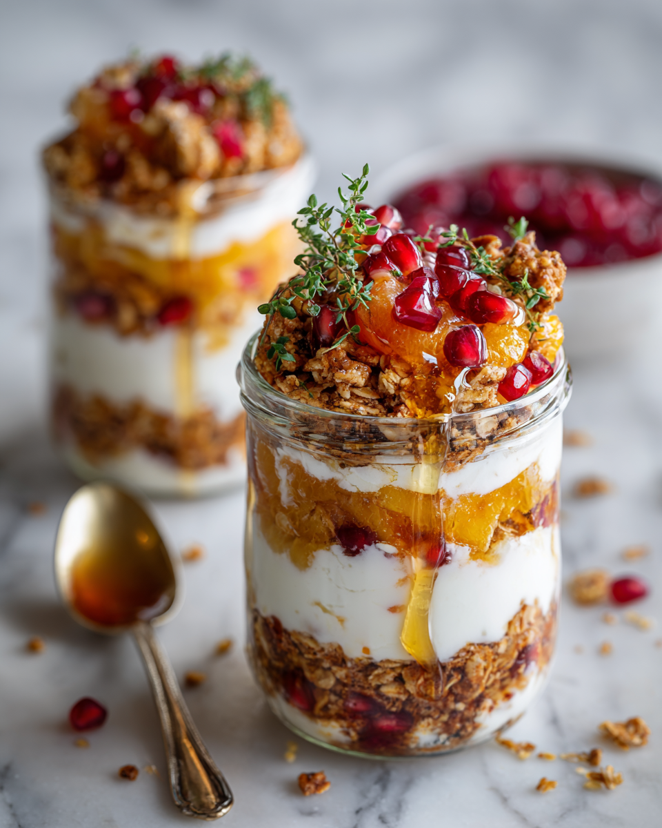 Deliciosos Parfaits de Desayuno para Preparar con Anticipación Parfaits de desayuno en tarro con yogur griego, granola crujiente y frutas frescas en colores vibrantes.