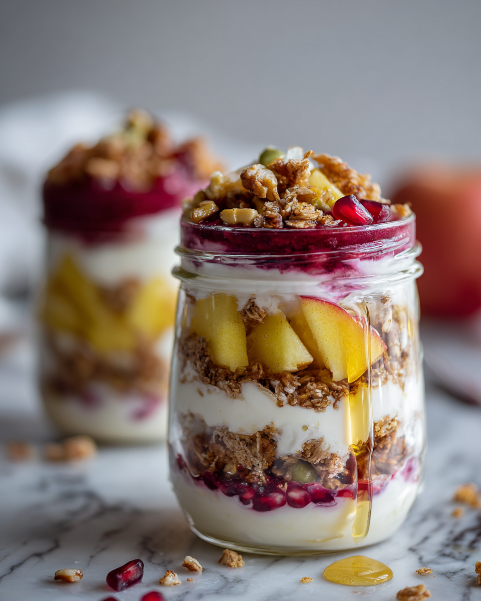 Deliciosos Parfaits de Desayuno para Preparar con Anticipación Parfaits de desayuno en tarro con yogur griego, granola crujiente y frutas frescas en colores vibrantes.