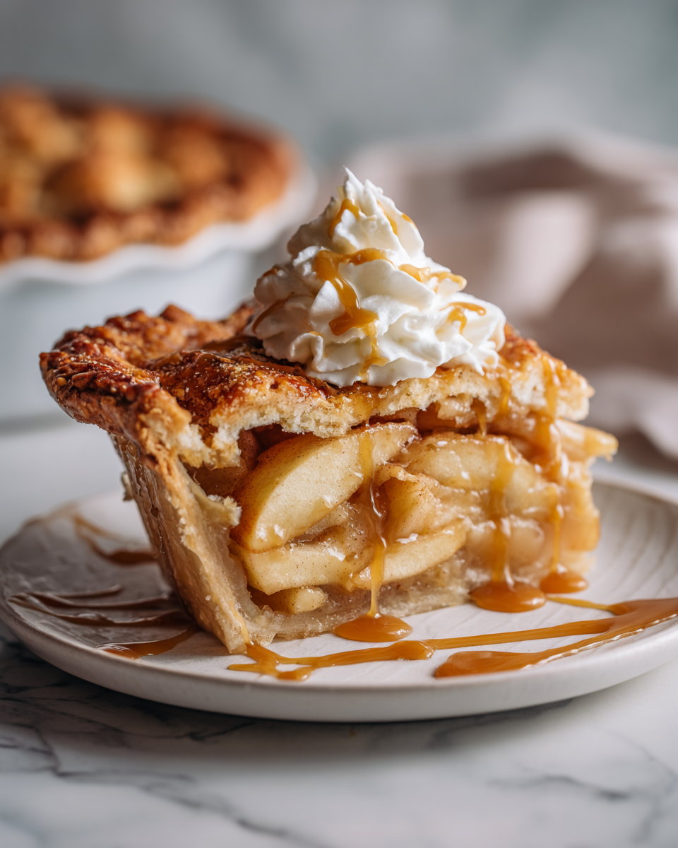 Pastel de manzana clásico recién horneado con corteza dorada y jugoso relleno de manzanas, ideal para reuniones familiares.
