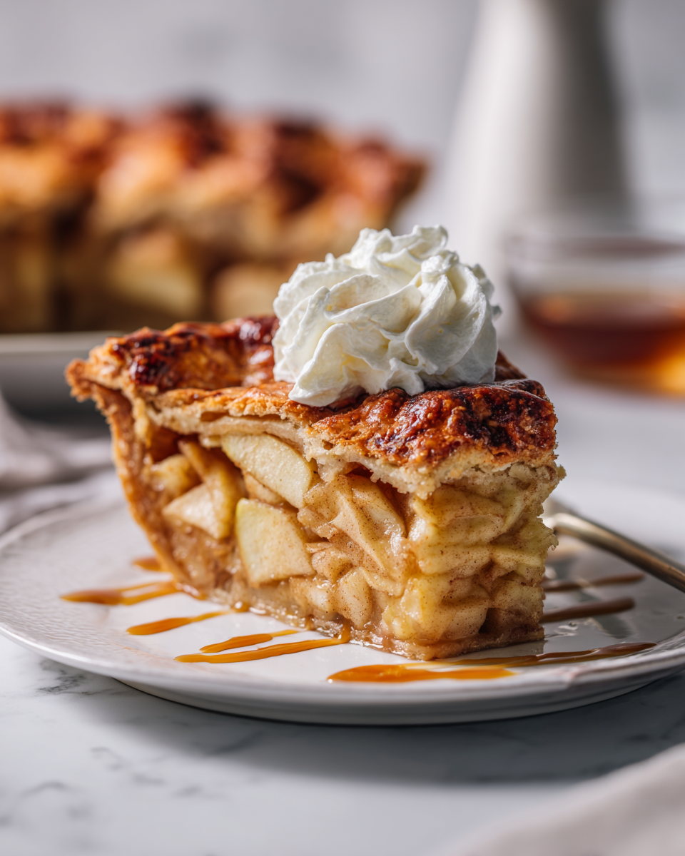 Pastel de manzana clásico recién horneado con corteza dorada y jugoso relleno de manzanas, ideal para reuniones familiares.