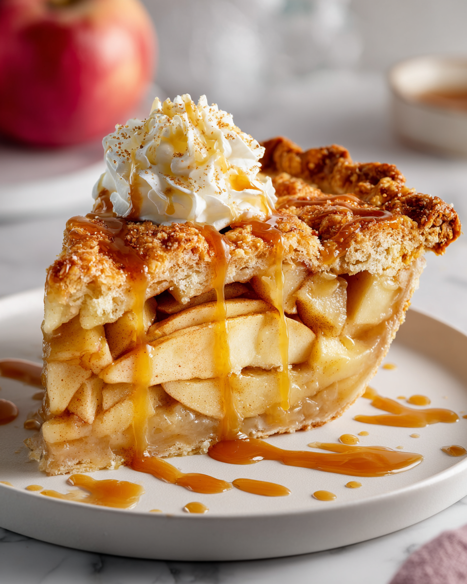Pastel de manzana clásico recién horneado con corteza dorada y jugoso relleno de manzanas, ideal para reuniones familiares.