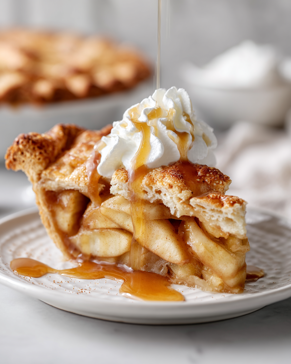 Pastel de manzana clásico recién horneado con corteza dorada y jugoso relleno de manzanas, ideal para reuniones familiares.