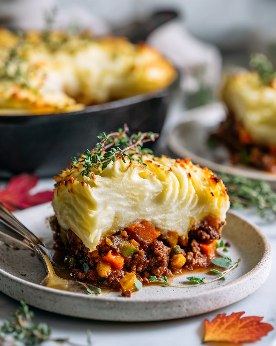 Pastel de pastor recién horneado con puré de patatas cremoso y carne, ideal para cenas familiares en otoño.