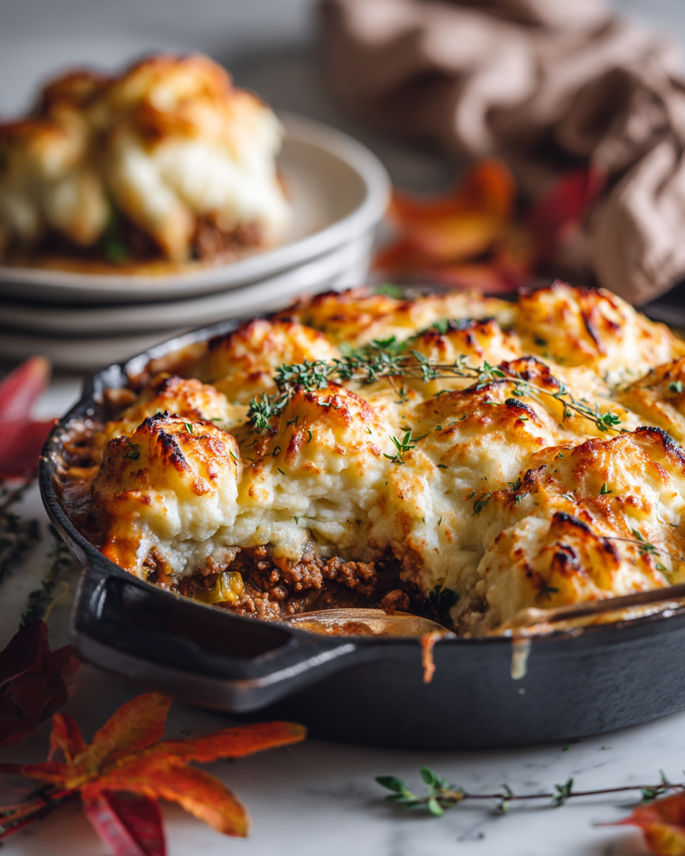 Pastel de pastor recién horneado con puré de patatas cremoso y carne, ideal para cenas familiares en otoño.