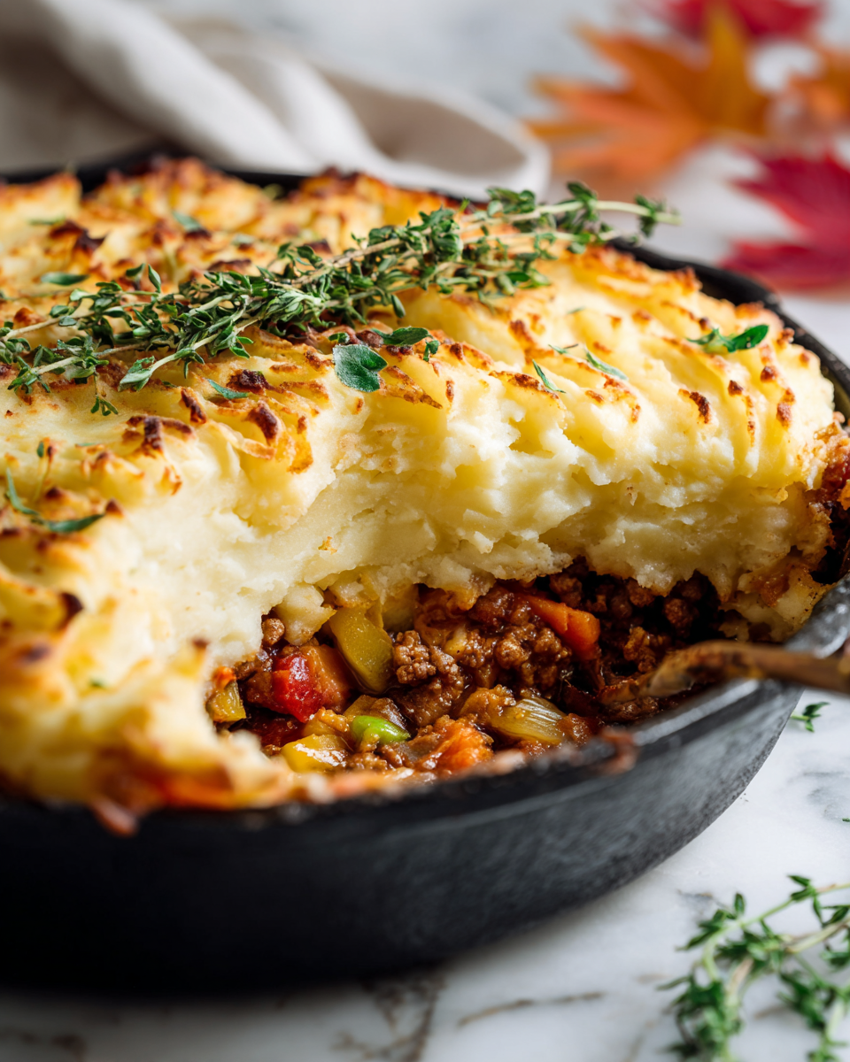 Pastel de pastor recién horneado con puré de patatas cremoso y carne, ideal para cenas familiares en otoño.