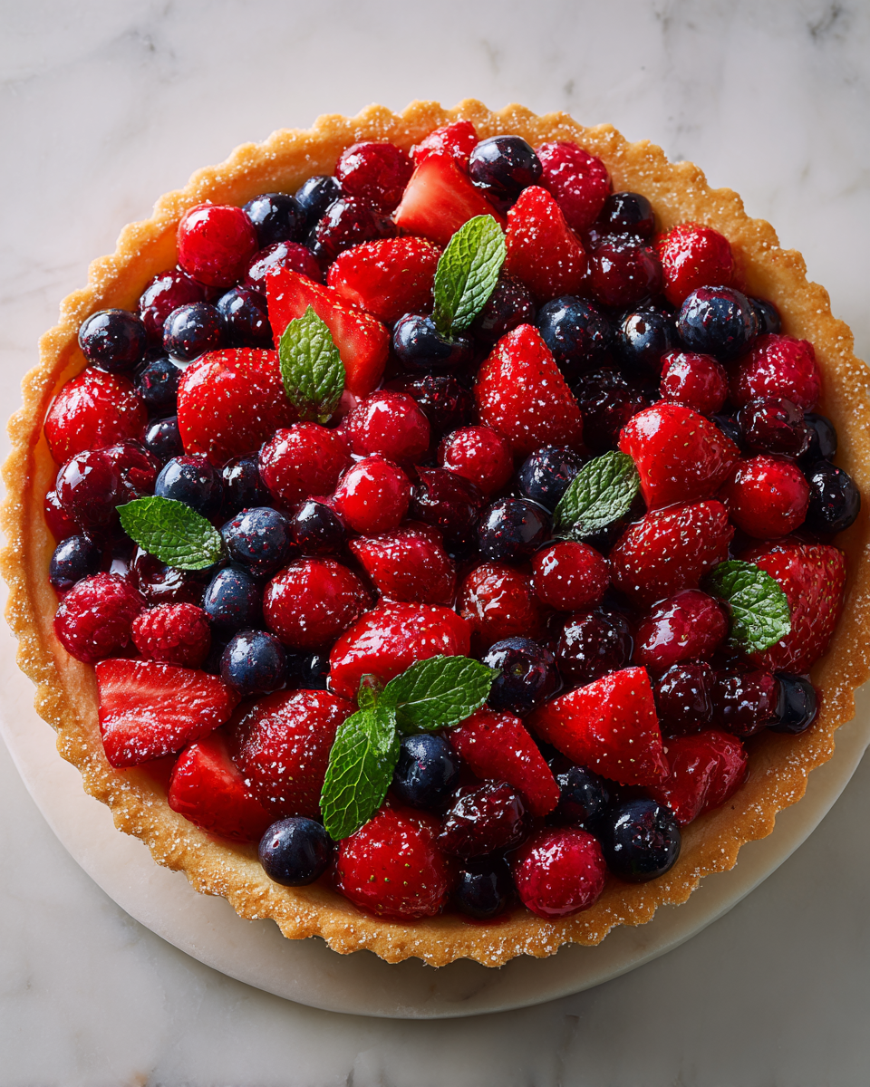 Disfruta de un Delicioso Pastel de Tres Bayas Pastel de tres bayas fresco y delicioso, con fresas, arándanos y frambuesas, ideal para celebraciones primaverales.