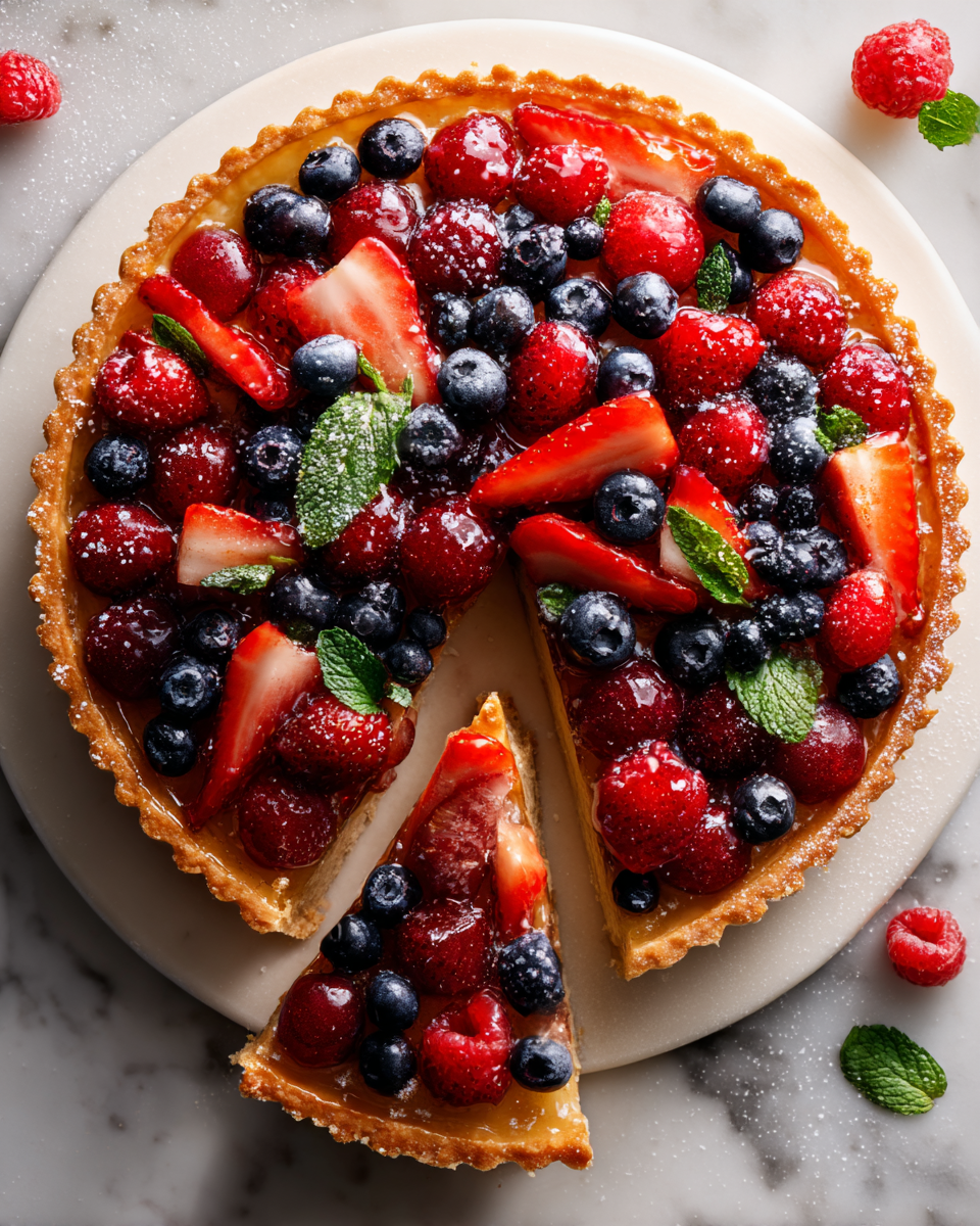 Disfruta de un Delicioso Pastel de Tres Bayas Pastel de tres bayas fresco y delicioso, con fresas, arándanos y frambuesas, ideal para celebraciones primaverales.