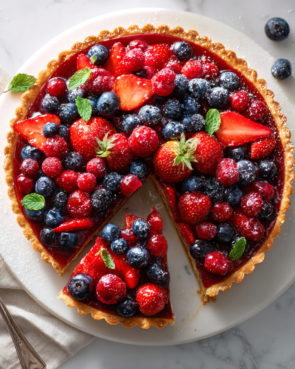 Disfruta de un Delicioso Pastel de Tres Bayas Pastel de tres bayas fresco y delicioso, con fresas, arándanos y frambuesas, ideal para celebraciones primaverales.