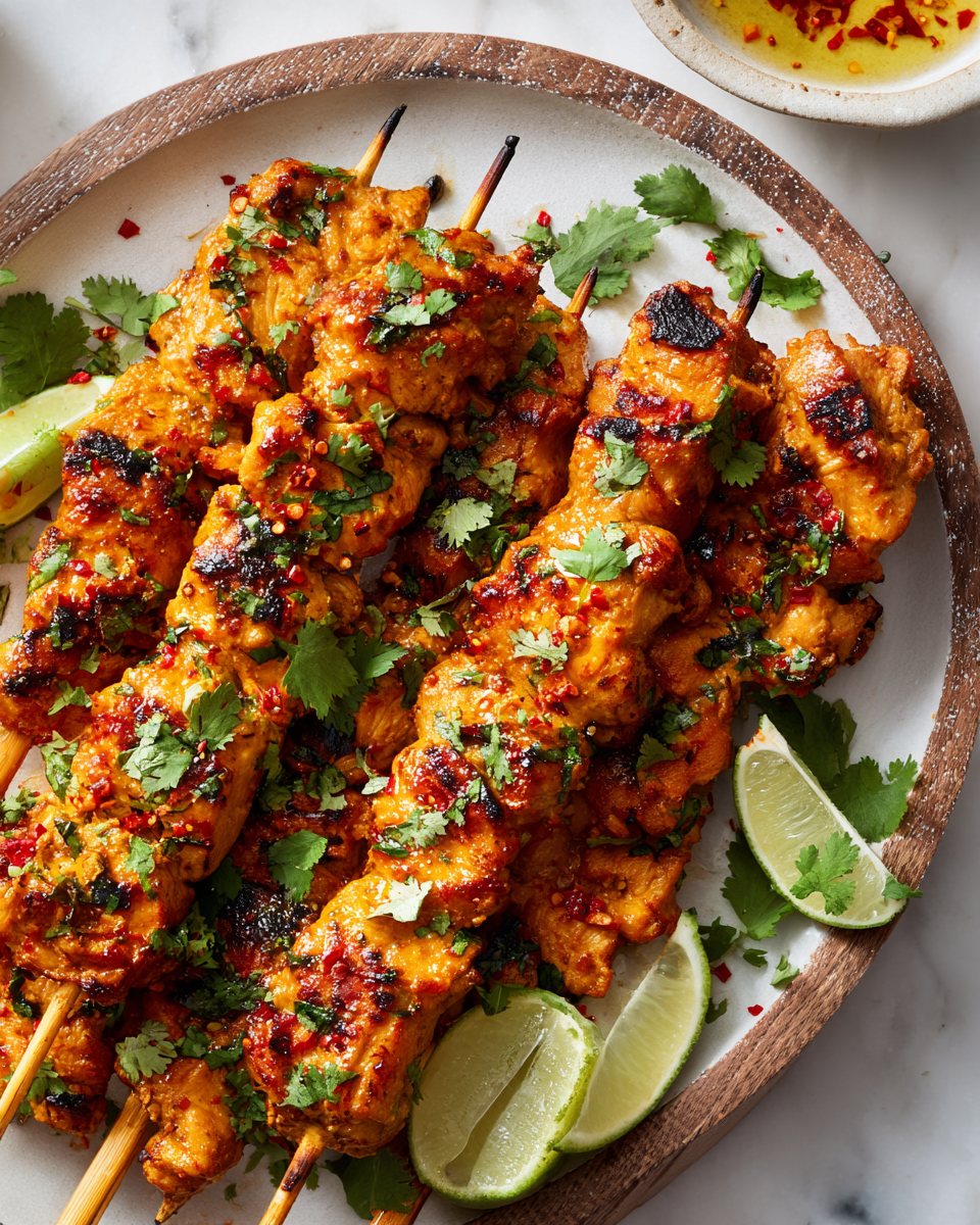 Pinchos de pollo tailandés a la parrilla con sabores vibrantes, ideales para reuniones al aire libre y fáciles de preparar.