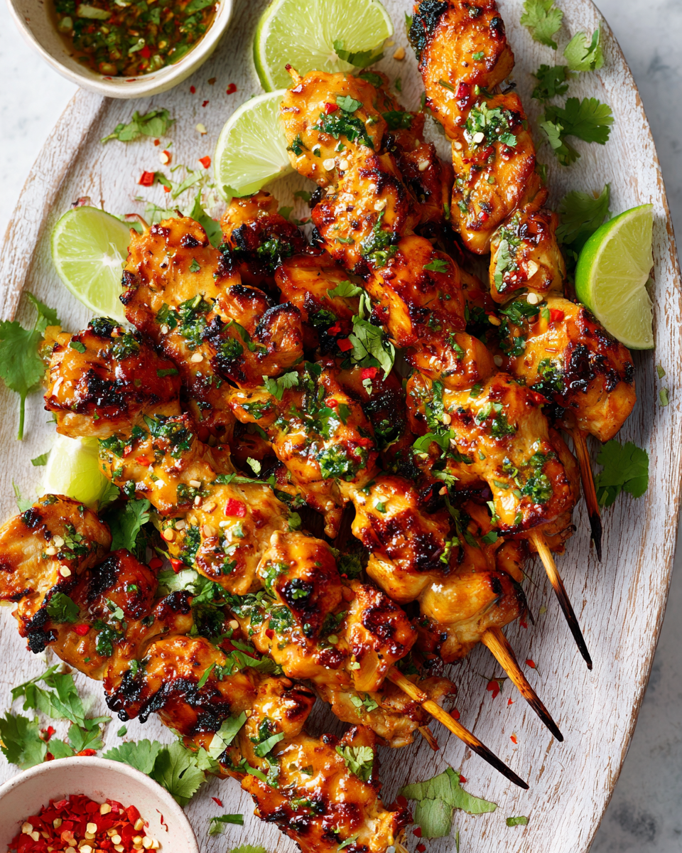 Sabrosos Pinchos de Pollo Tailandés a la Parrilla Pinchos de pollo tailandés a la parrilla con sabores vibrantes, ideales para reuniones al aire libre y fáciles de preparar.