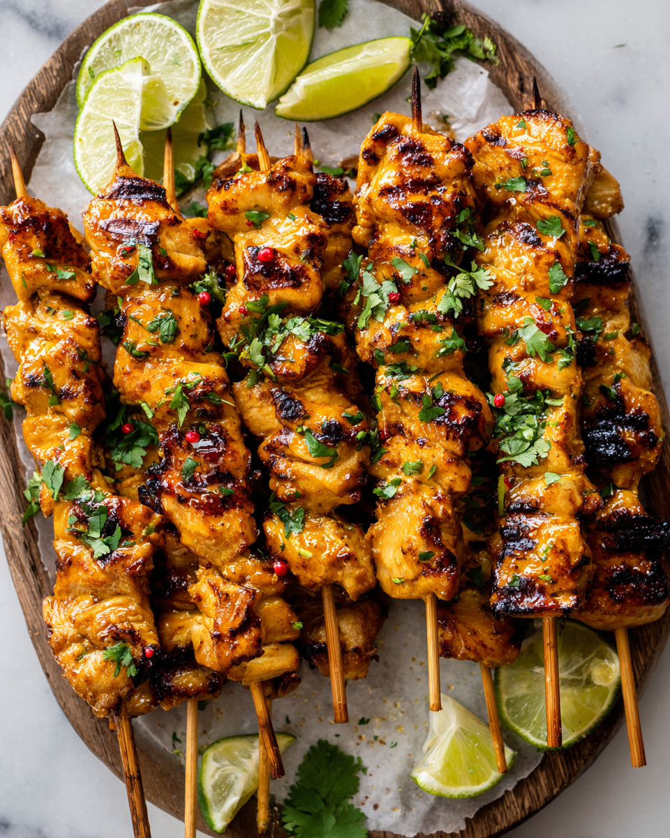 Sabrosos Pinchos de Pollo Tailandés a la Parrilla Pinchos de pollo tailandés a la parrilla con sabores vibrantes, ideales para reuniones al aire libre y fáciles de preparar.