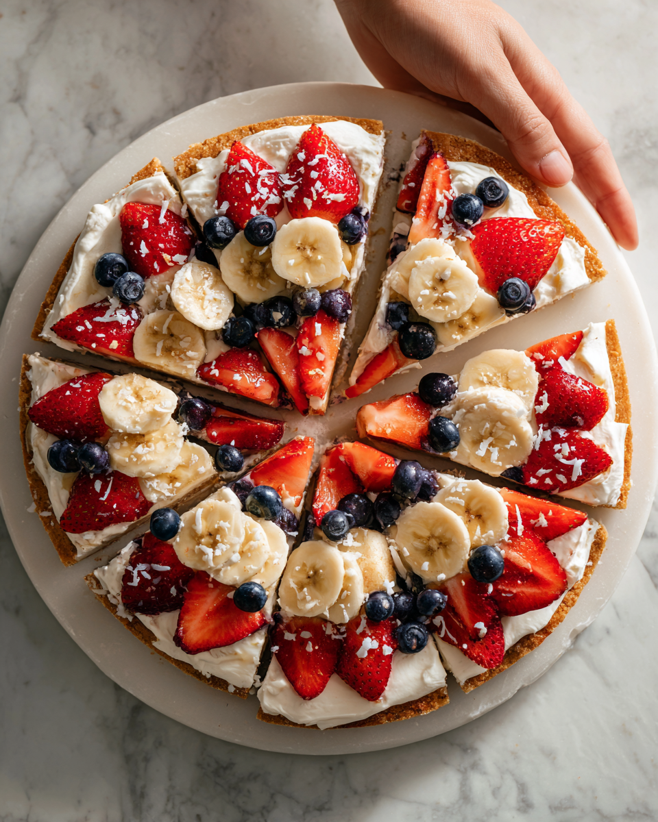 Colorida pizza de frutas con base de galleta, ideal para celebraciones, postre festivo fácil y delicioso.