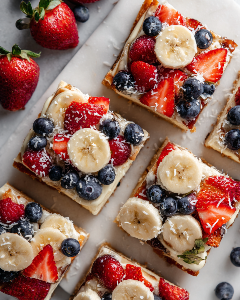 Colorida pizza de frutas con base de galleta, ideal para celebraciones, postre festivo fácil y delicioso.