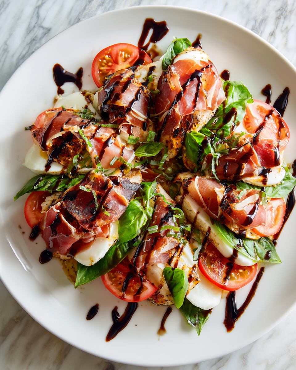 Delicioso Pollo Caprese con Prosciutto para Verano Pollo Caprese con Prosciutto: una deliciosa receta de pollo al horno con sabores frescos y vibrantes, perfecta para el verano.