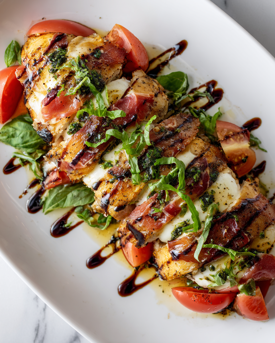Delicioso Pollo Caprese con Prosciutto para Verano Pollo Caprese con Prosciutto: una deliciosa receta de pollo al horno con sabores frescos y vibrantes, perfecta para el verano.
