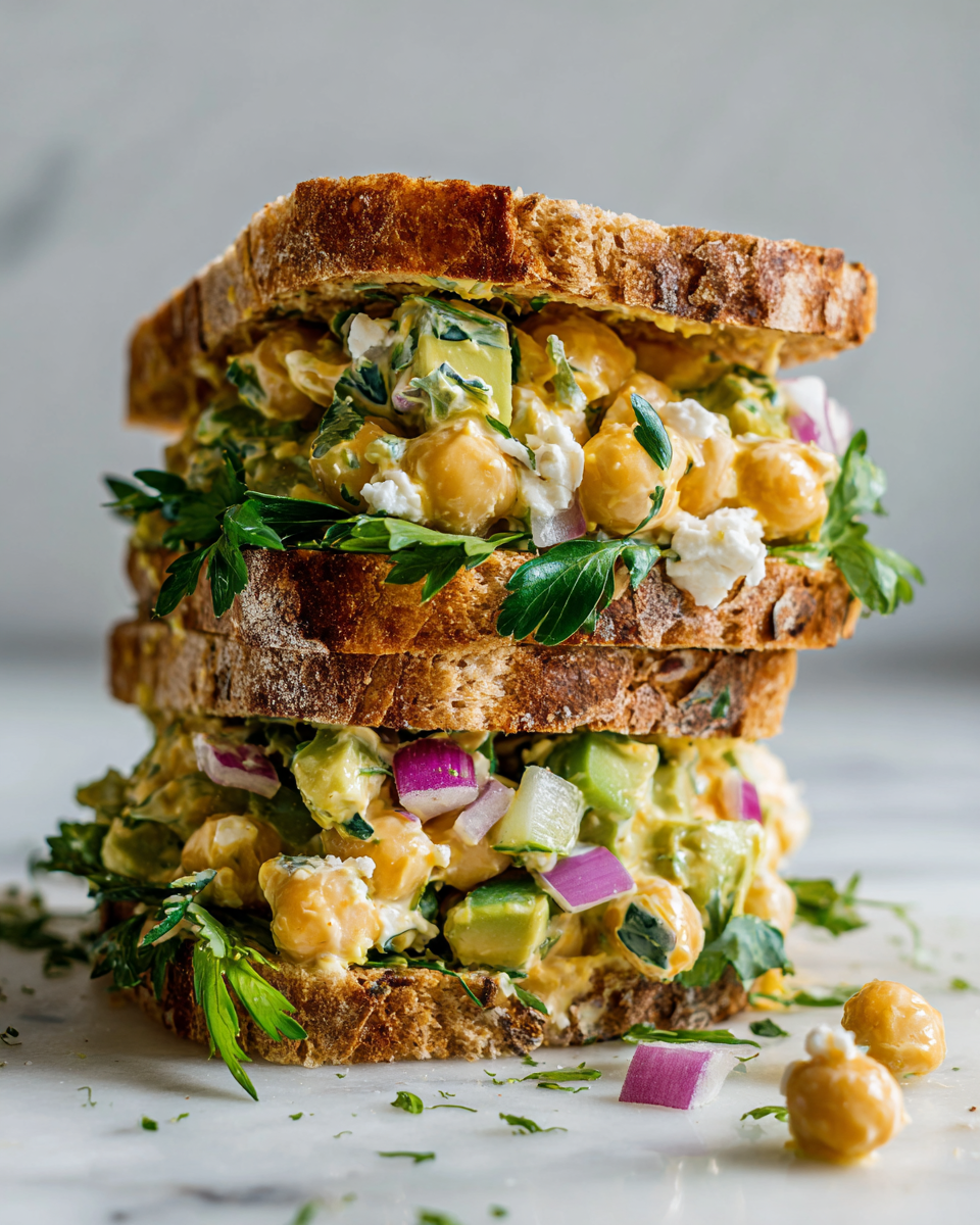 Sándwich de ensalada de garbanzos frescos, ideal para el verano, lleno de proteínas vegetales y sabor mediterráneo.