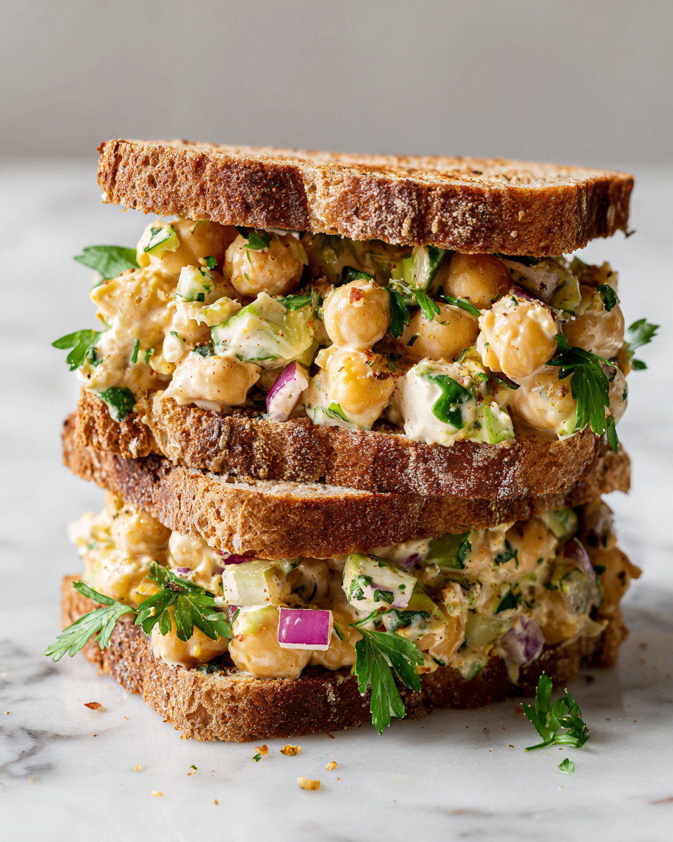 Sándwich de ensalada de garbanzos frescos, ideal para el verano, lleno de proteínas vegetales y sabor mediterráneo.
