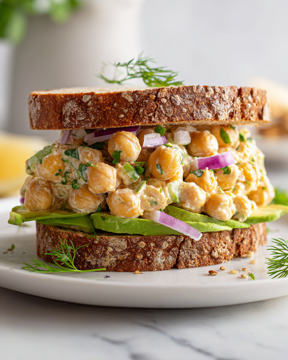 Sándwich de ensalada de garbanzos frescos, ideal para el verano, lleno de proteínas vegetales y sabor mediterráneo.
