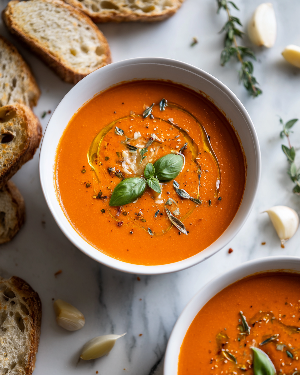 Sopa de Tomate Cremosa para el Otoño Sopa de tomate cremosa caliente en un bol, ideal para días fríos de otoño.