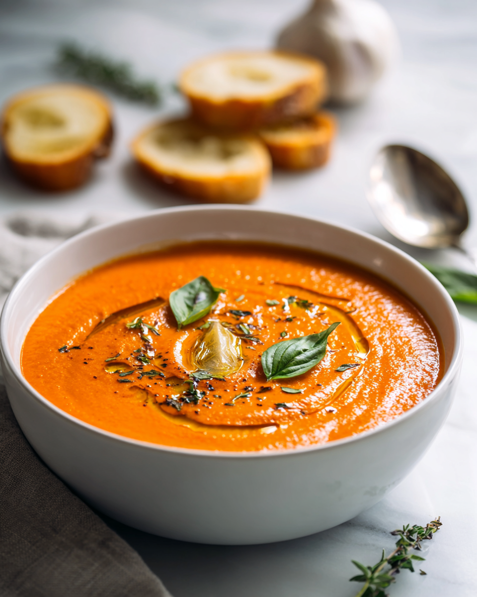 Sopa de Tomate Cremosa para el Otoño Sopa de tomate cremosa caliente en un bol, ideal para días fríos de otoño.