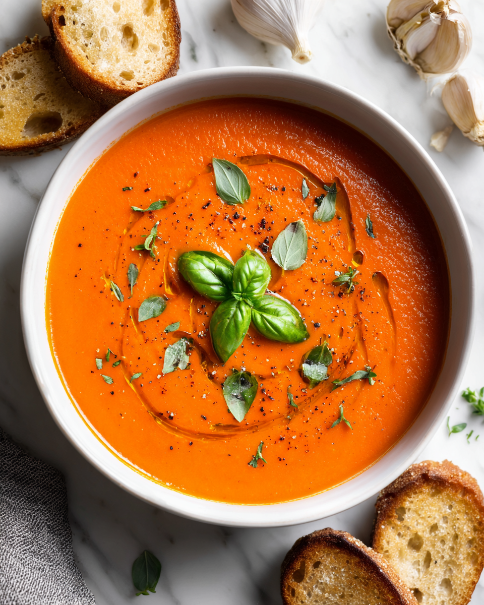 Sopa de Tomate Cremosa para el Otoño Sopa de tomate cremosa caliente en un bol, ideal para días fríos de otoño.