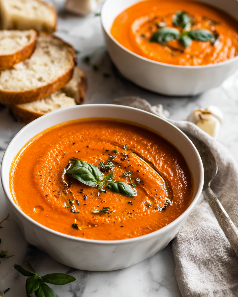 Sopa de Tomate Cremosa para el Otoño Sopa de tomate cremosa caliente en un bol, ideal para días fríos de otoño.