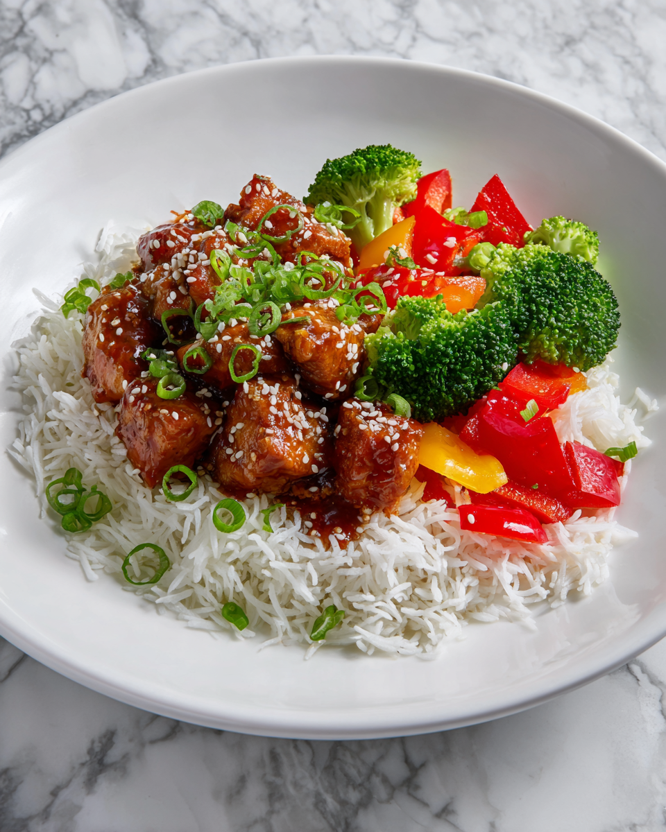 Sabroso Tazón de Pollo Teriyaki sobre Arroz Receta de tazón de pollo teriyaki sobre arroz con verduras frescas, ideal para comidas familiares y al aire libre.