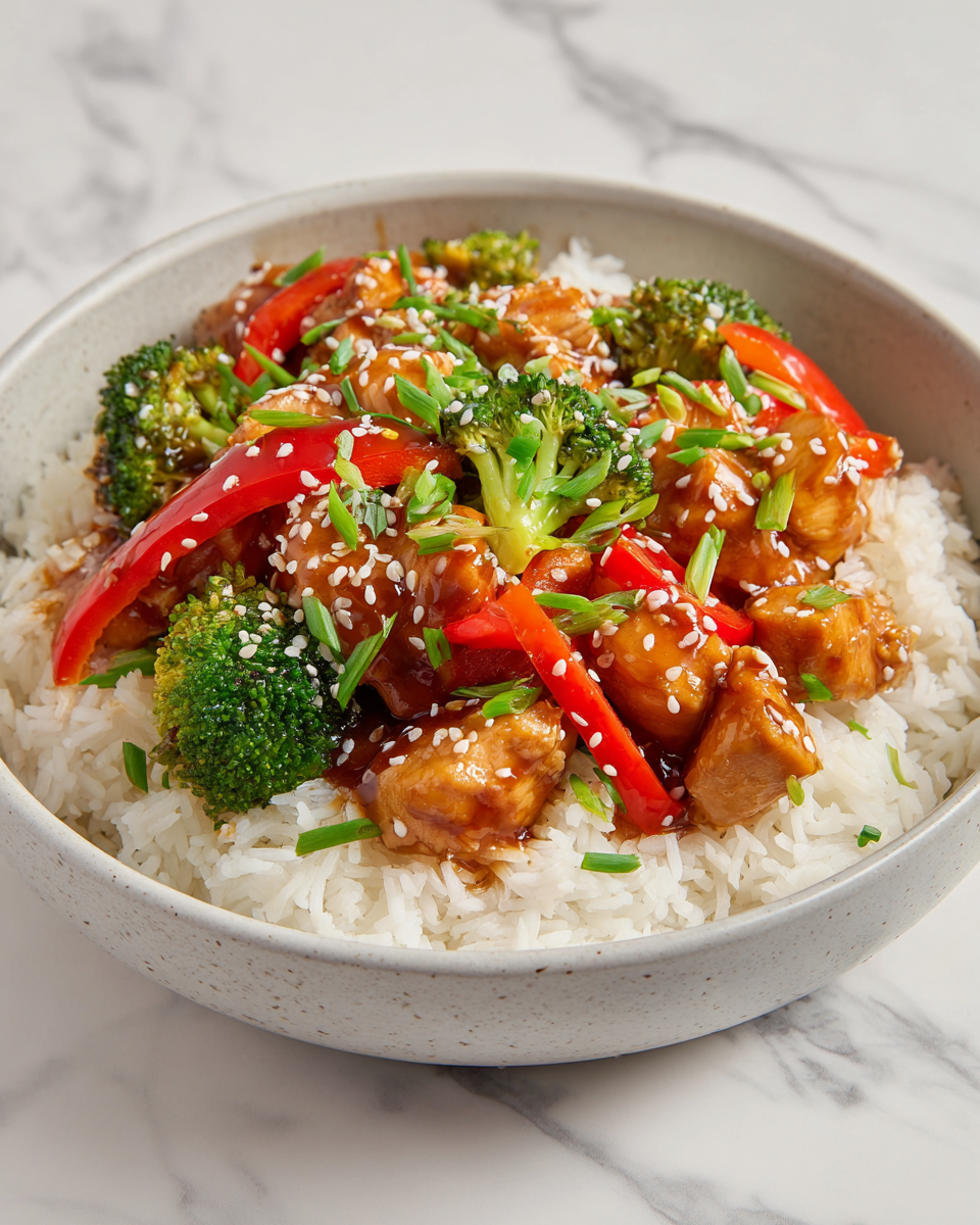 Sabroso Tazón de Pollo Teriyaki sobre Arroz Receta de tazón de pollo teriyaki sobre arroz con verduras frescas, ideal para comidas familiares y al aire libre.