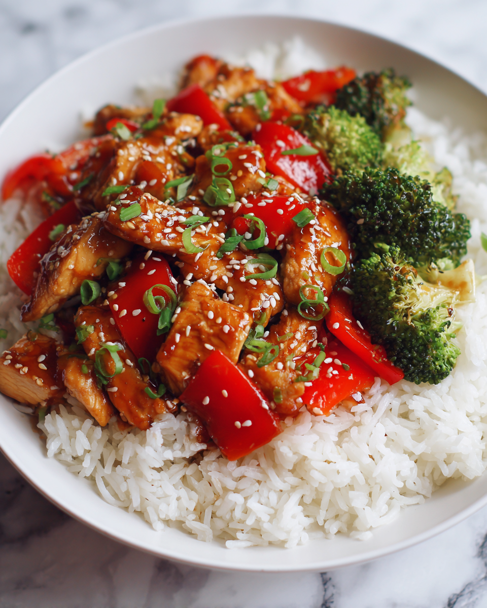 Sabroso Tazón de Pollo Teriyaki sobre Arroz Receta de tazón de pollo teriyaki sobre arroz con verduras frescas, ideal para comidas familiares y al aire libre.