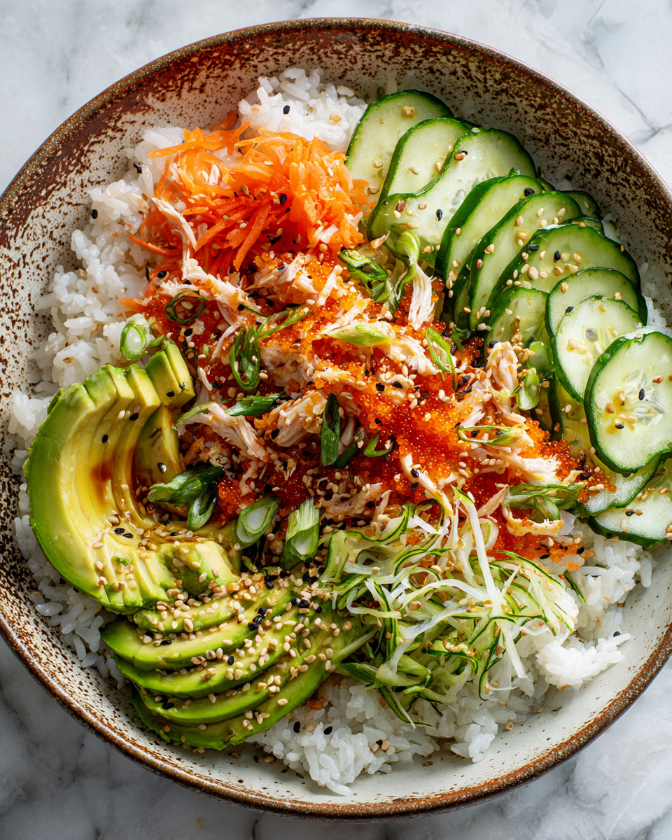 Disfruta Tazones de Sushi California en 30 Minutos Tazones de sushi estilo California con arroz, aguacate y carne de cangrejo, ideal para una comida rápida y deliciosa