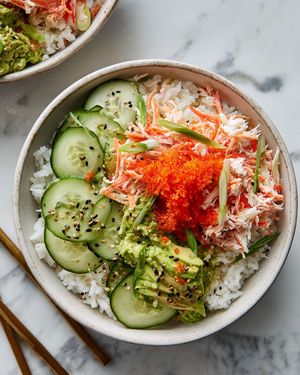 Disfruta Tazones de Sushi California en 30 Minutos Tazones de sushi estilo California con arroz, aguacate y carne de cangrejo, ideal para una comida rápida y deliciosa