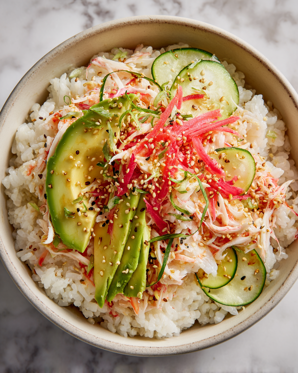 Disfruta Tazones de Sushi California en 30 Minutos Tazones de sushi estilo California con arroz, aguacate y carne de cangrejo, ideal para una comida rápida y deliciosa