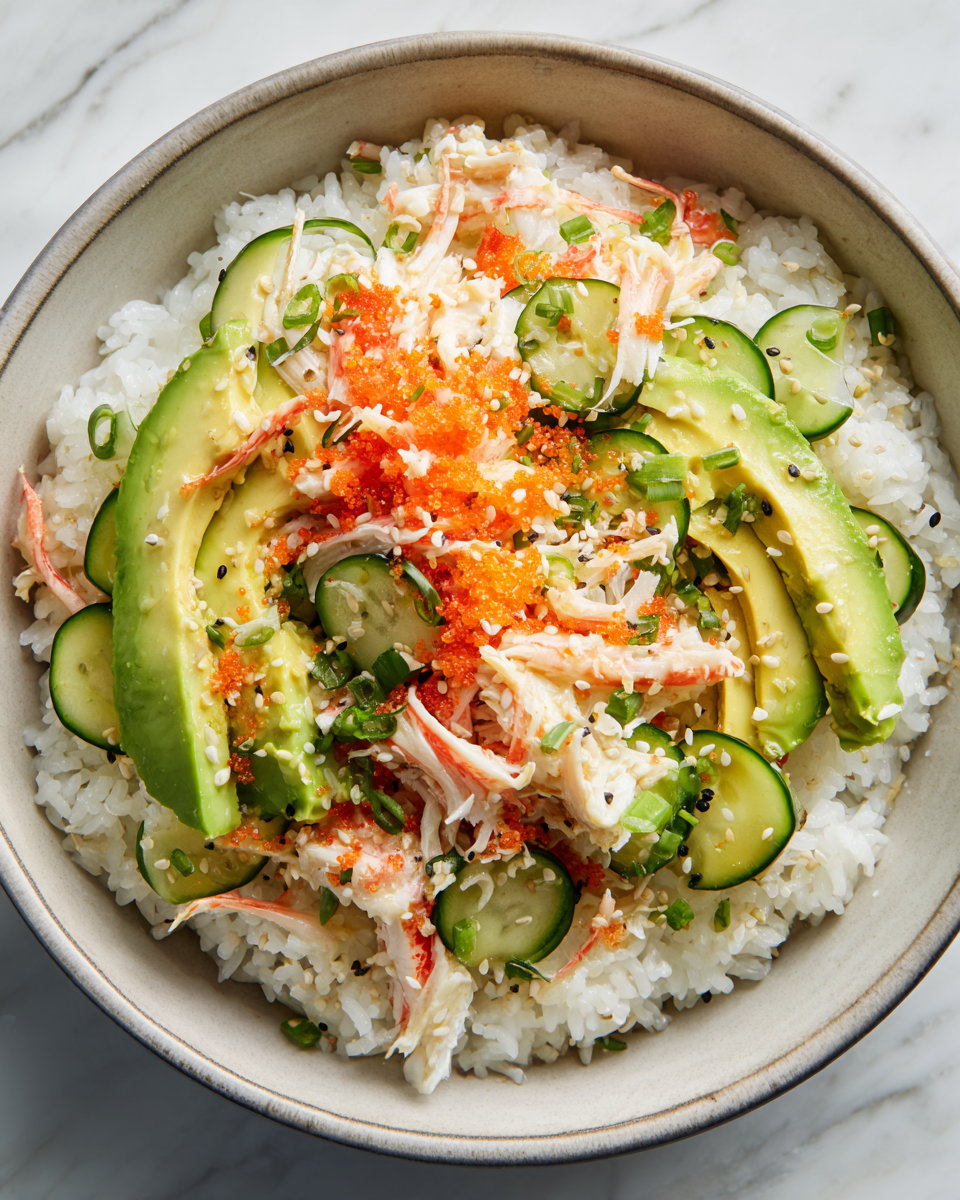 Disfruta Tazones de Sushi California en 30 Minutos Tazones de sushi estilo California con arroz, aguacate y carne de cangrejo, ideal para una comida rápida y deliciosa
