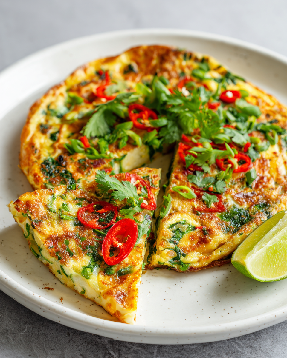 Deliciosa tortilla tailandesa para brunch Tortilla tailandesa colorida y vibrante, perfecta para brunch al aire libre.