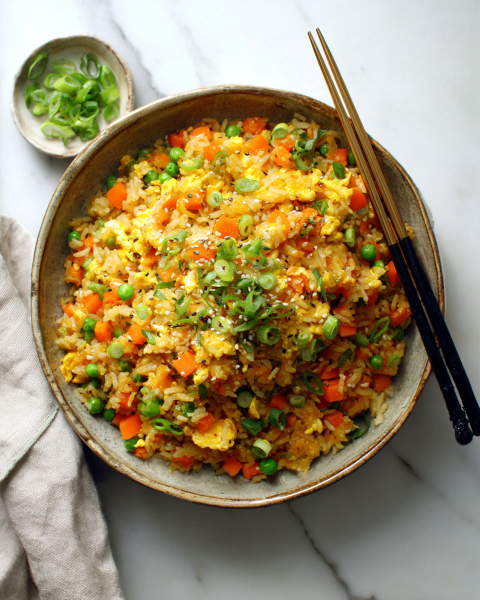 Delicioso arroz frito colorido y sabroso, ideal para reuniones familiares y festividades con amigos.