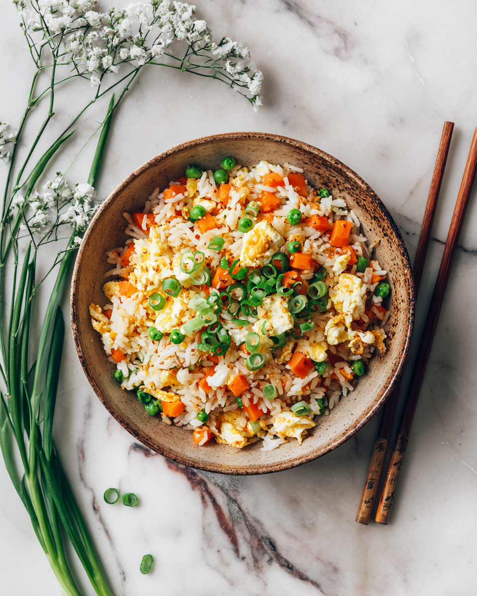 Delicioso arroz frito colorido y sabroso, ideal para reuniones familiares y festividades con amigos.